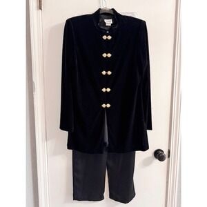 VTG Karen Kwong Womens SZ 8 Black Velvet Pant Suit w/Gold Buckles Formal Retro